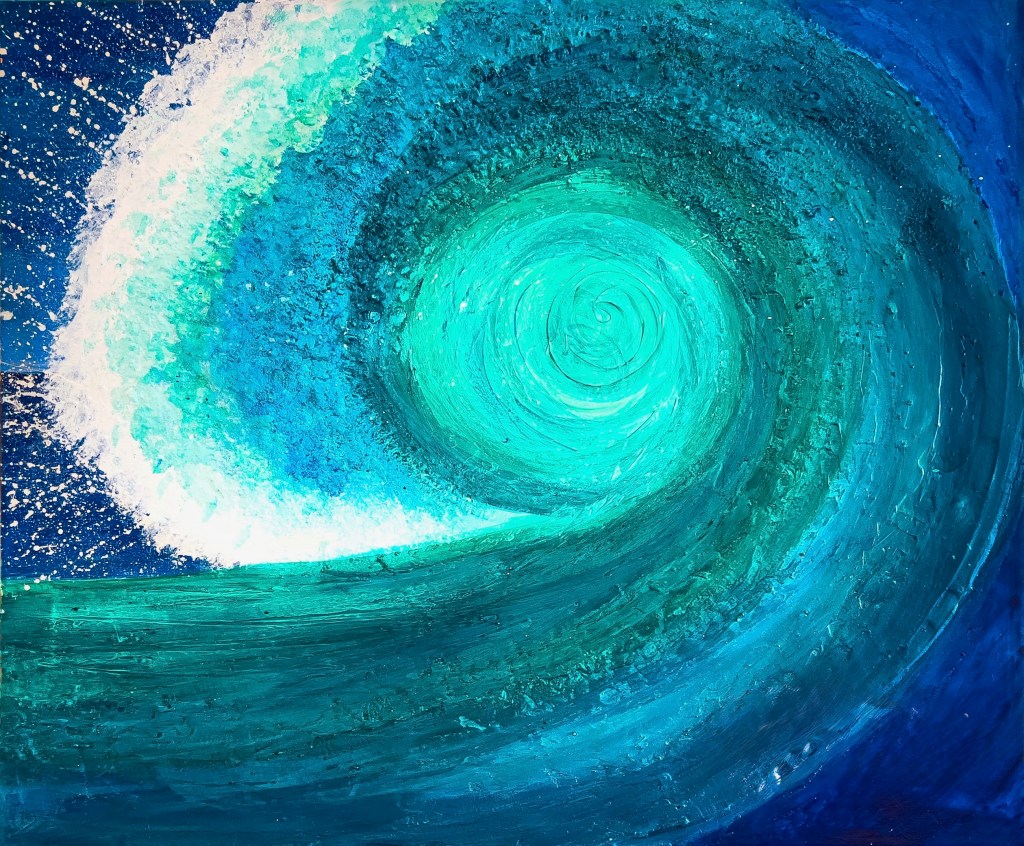 Arctic Wave, Gesamtansicht der türkisen Wellenspirale mit weißer Gischt