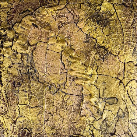 Goldene Zeiten, Gesamtansicht: Hochformat ganz in Gold, die Fläche in unzählige Schollen zersprungen, dunkle Risse und braune Sprenkel