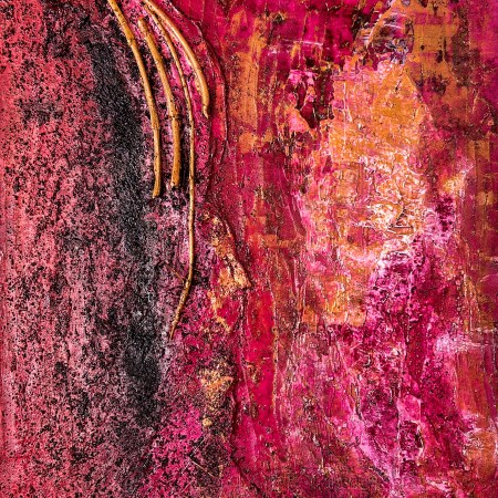Burning, Gesamtansicht: glühende Fläche in Magenta, Pink und Rot mit hellem orangefarbenem Kern, links ein dunkles, körniges Band, oben links vier geschwungene Zweige