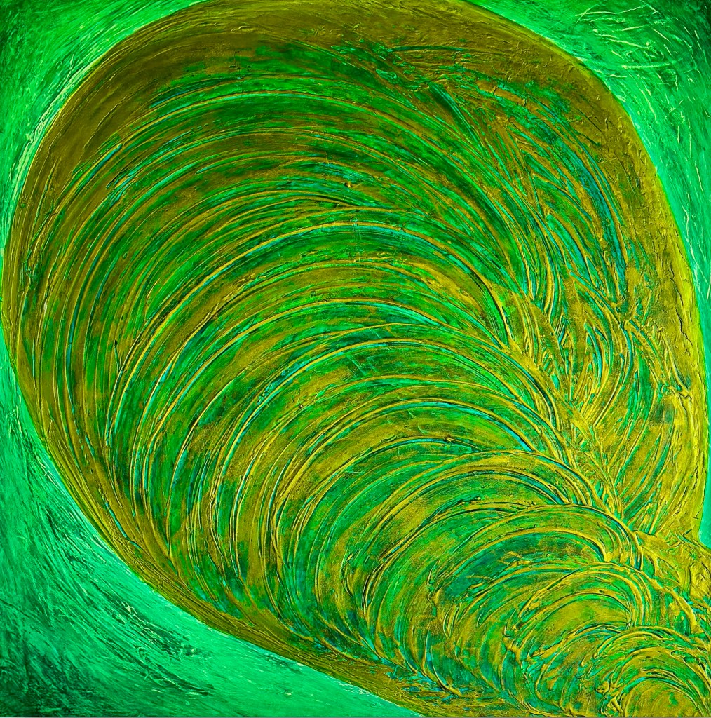 Round up your life, Gesamtansicht mit kreisenden Schwüngen in Gold und Grün