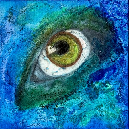 Introspektion, Gesamtansicht: großes Auge mit gelbgrüner Iris in einer schrägen grünen Fläche, ringsum gesprenkelte Blautöne