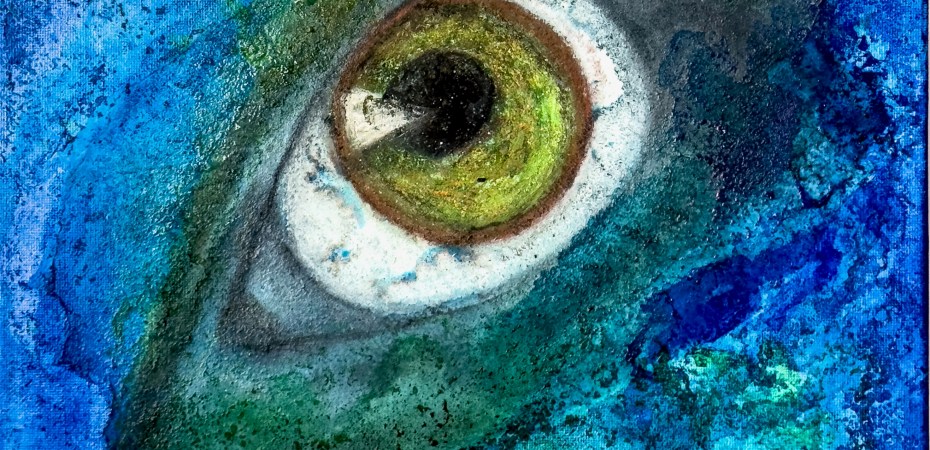Introspektion, Gesamtansicht: großes Auge mit gelbgrüner Iris in einer schrägen grünen Fläche, ringsum gesprenkelte Blautöne