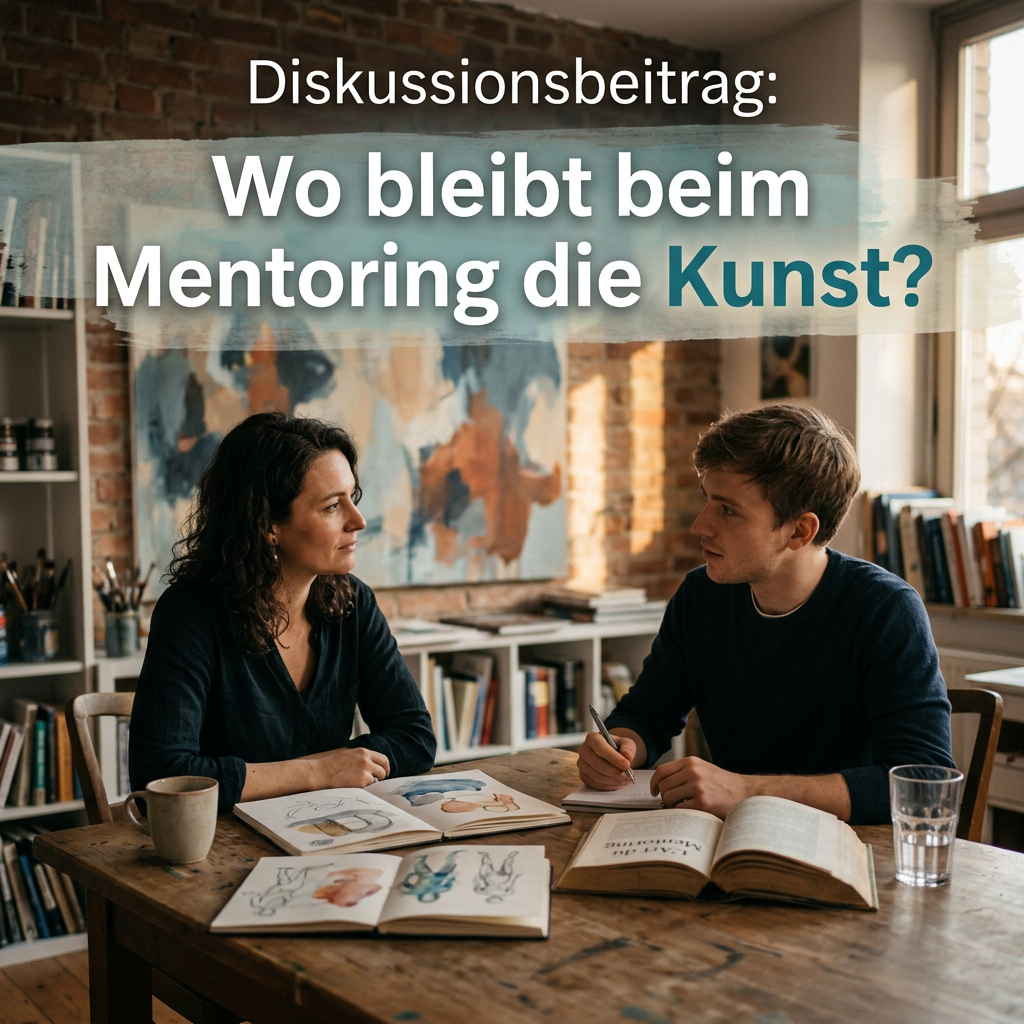 German text asks, "Wo bleibt beim Mentoring die Kunst?" above two people discussing art.