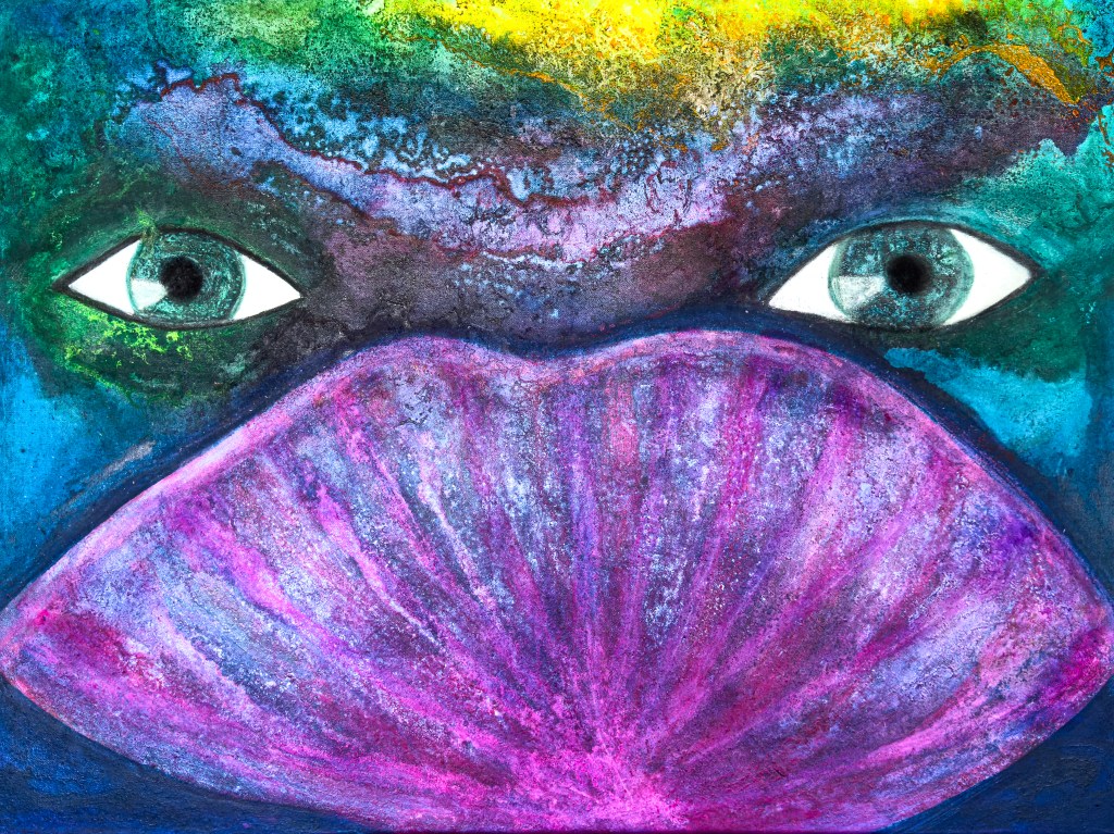 Magic eyes, Gesamtansicht mit zwei blaugrünen Augen über einem pink-violetten Fächer